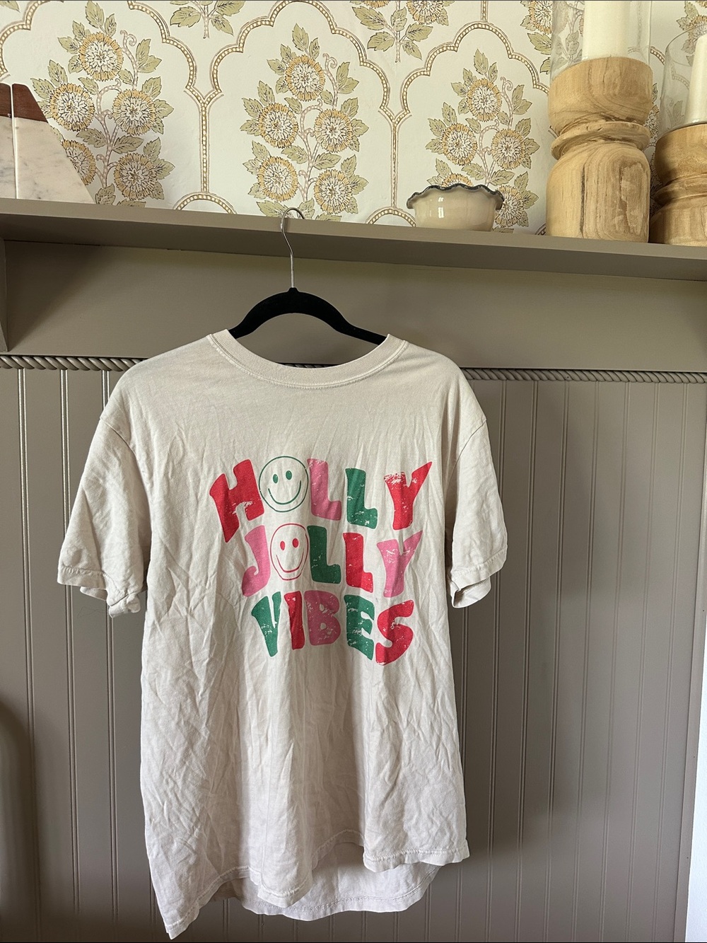 Comfort Colors "Holly Jolly Vibes" Graphic Tee in Cream with Pink & Green Print